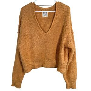 Free People Womens Shaggy Orange Sweater Sz M Gorpcore Boho V Neck Cropped